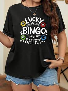 Plus Size - Plus Size - Plus-Size Women'S Round Neck Short-Sleeve T-Shirt For Summer, Featuring A Loose Fit With A Print That Says 'Lucky Bingo'. This Oversized Casual T-Shirt Is - 後退 - 查看 2