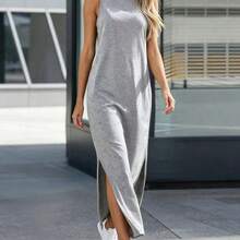 Vestido de punto casual de mujer con cuello redondo y dobladillo con abertura lateral en gris claro - Gris Claro - Ver 3