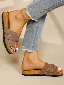 Women's Comfortable Cork Bed Sandals, Casual H-Shaped Strap Flat Slides, Summer Outdoor Beach Slippers - Khaki - View 7