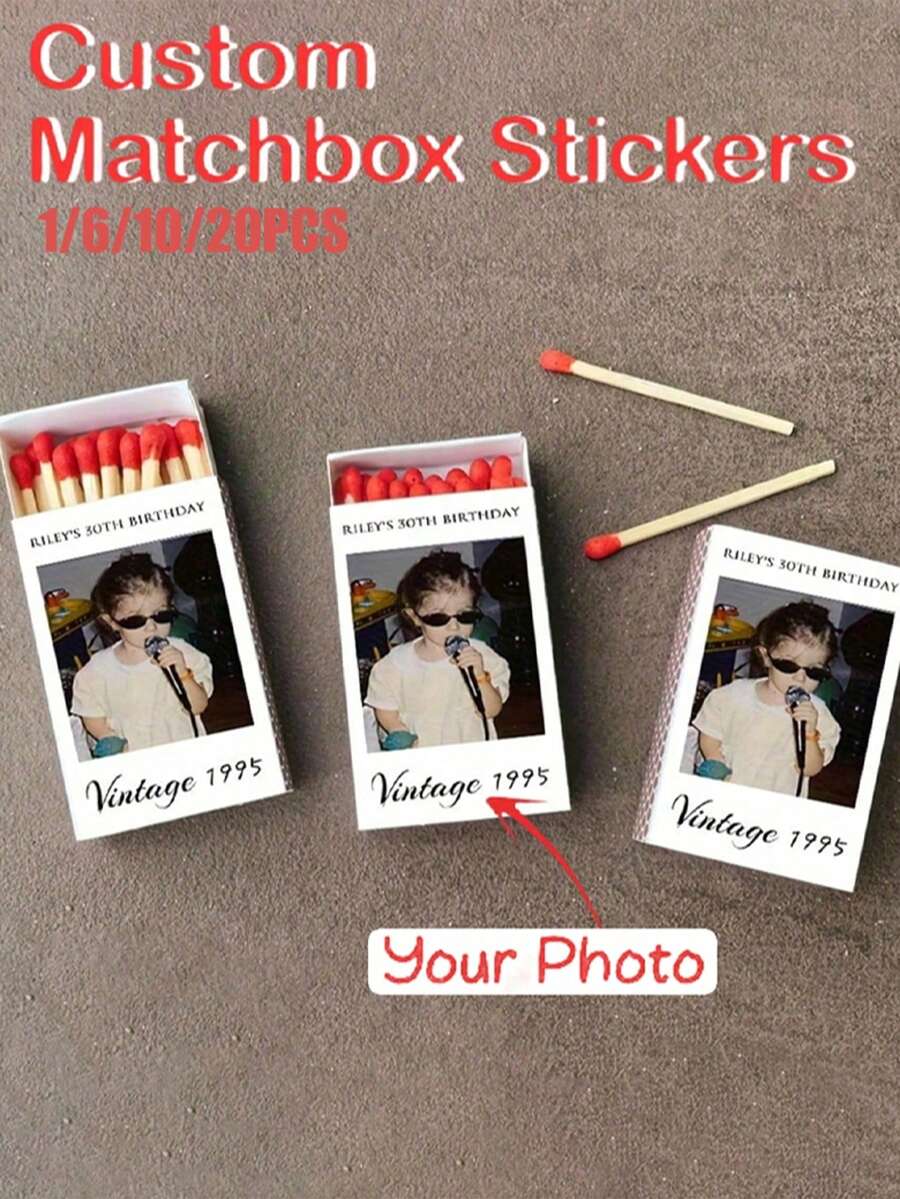 1/6/10/20pcs Customized Matchbox Stickers Labels (Stickers Only, Matchbox Not Included). Customized UV Crystal Transfer Stickers, Long Stickers Can Be Personalized With Images, Logos And Text, Suitable For Weddings, Birthday Celebrations - Multicolor - View 1