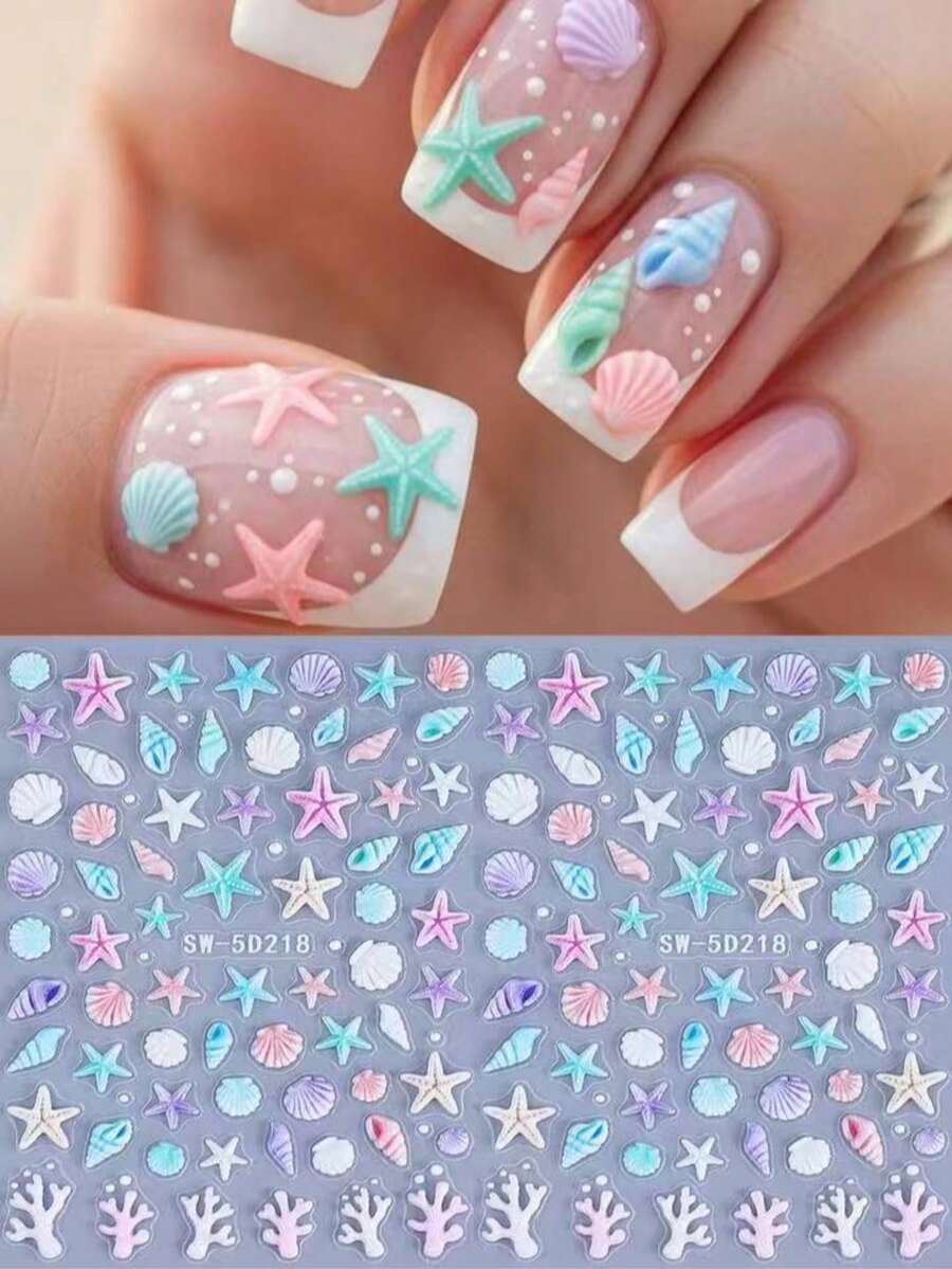 2件組 5D 浮雕海洋美甲貼紙,海星貝殼珊瑚圖案,自黏式沙灘美甲貼,DIY 夏季美甲藝術 - 彩色 - 查看 1