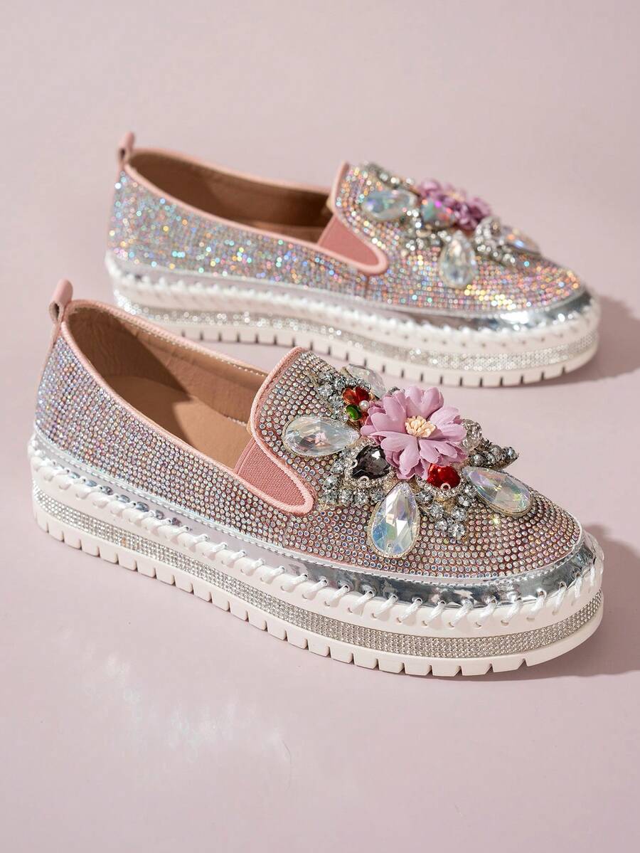 Women's Flat Slip-On Shoes With Sparkling Rhinestones, Casual Everyday Versatile Shoes - Pink - View 1