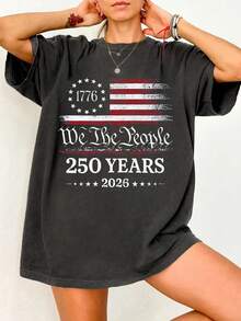 250週年圖案上衣 We The People 250年 2026日夏季上衣，女款休閒寬鬆大版圓領落肩短袖T恤 - 深灰色 - 查看 1