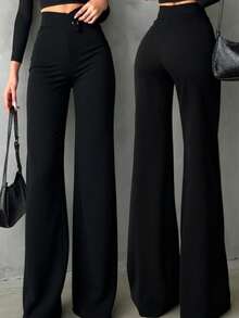 Pantalones rectos negros sólidos, casuales y elegantes para mujer.La línea de cintura asimétrica en forma de V acentúa las curvas, adecuados para uso diario, oficina, citas y vacaciones de p - Negro - Ver 1