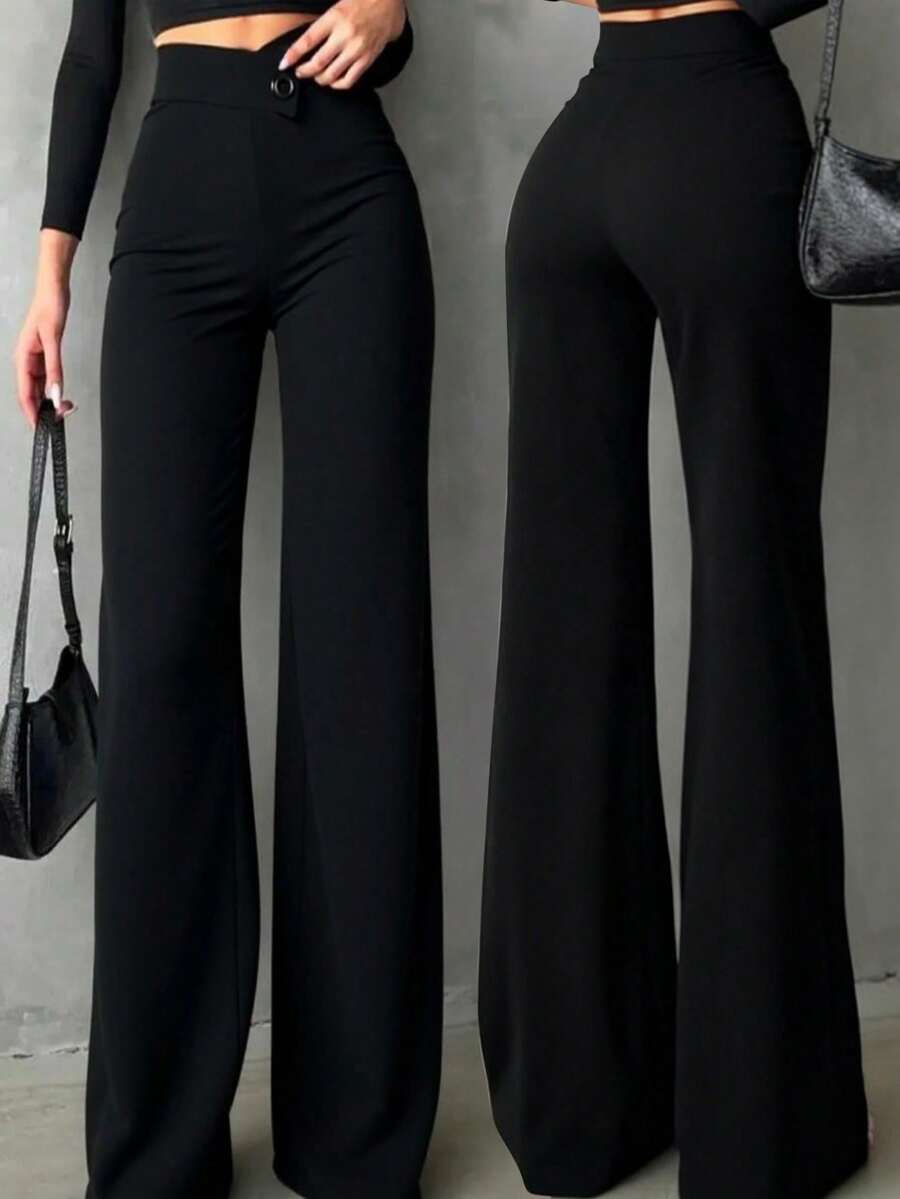 Pantalones rectos negros sólidos, casuales y elegantes para mujer.La línea de cintura asimétrica en forma de V acentúa las curvas, adecuados para uso diario, oficina, citas y vacaciones de p - Negro - Ver 1