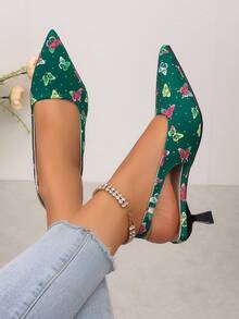 Spring/Summer Women's High Heel Shoes With Back Strap, Low Kitten Heel, Green Random Butterfly Print, Pointed Toe, Low Vamp, Rhinestone Embellished Sandals, Comfortable Stiletto Heel, Open Back, Versatile For Wedding, Banquet, Commute - Green - View 7