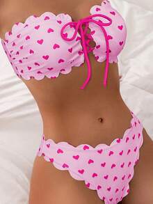 New 2026 Model: Women's Multicolor Ruffled Bikini Swimsuit With Red Heart-Shaped Bow - Bicolor Red Rose - View 2