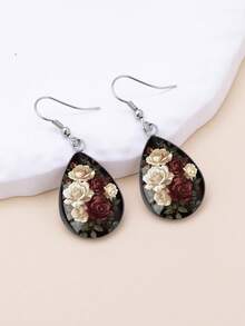 1 Pair Dark Vintage Rose Pattern With 316 Stainless Steel Water Drop Ear Hooks, Suitable For Women's Daily Wear - Color - View 6
