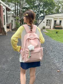 1個女孩純色尼龍拉鍊開合極簡主義背包 學生書包 適合四季日常使用 無吊飾 - A - 查看 2