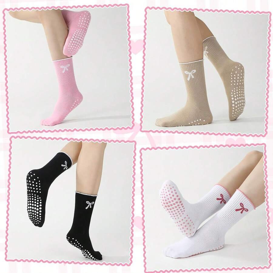 Women's Mid-Calf Yoga Socks With Embroidered Bow - Multicolor - View 1