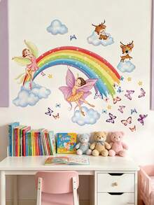 Rainbow Fairy Deer Wall Decal, Butterfly Cloud Floral Sticker, Home Wall Art Decor, Nursery Girls Room, Removable Self-Adhesive Room Art - Multicolor - View 10