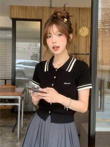法式夏季设计 Polo 领针织短袖 T 恤，女士开衫薄款上衣 黑色 - 黑色 - 查看 6