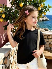 Young Girl Solid Color Round Neck Short Sleeve Casual Versatile T-Shirt Black - Black - View 1
