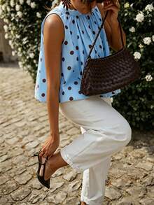 New Women's Bow Woven Fabric Backless Sleeveless Printed Polka Dot Top Tank Shirt Casual Spring Summer Blouse - Blue - View 2