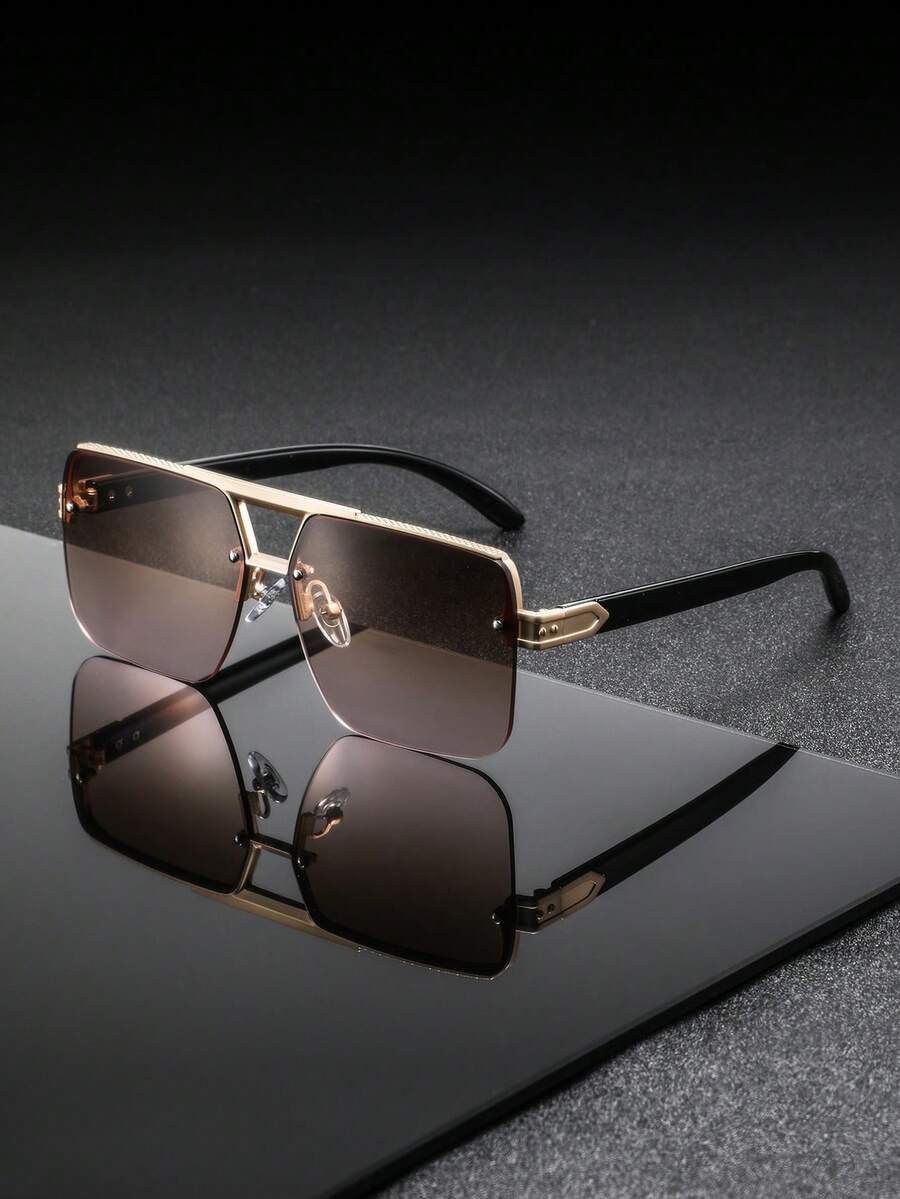 1 Pair Men's Metal Square Double Bridge Half-Frame Glasses, Premium Exquisite Classic Elegant Business Style, Steady Reserved Low-Key, Fashion Eyewear Suitable For Daily Commute, Business Travel, Driving, Golf