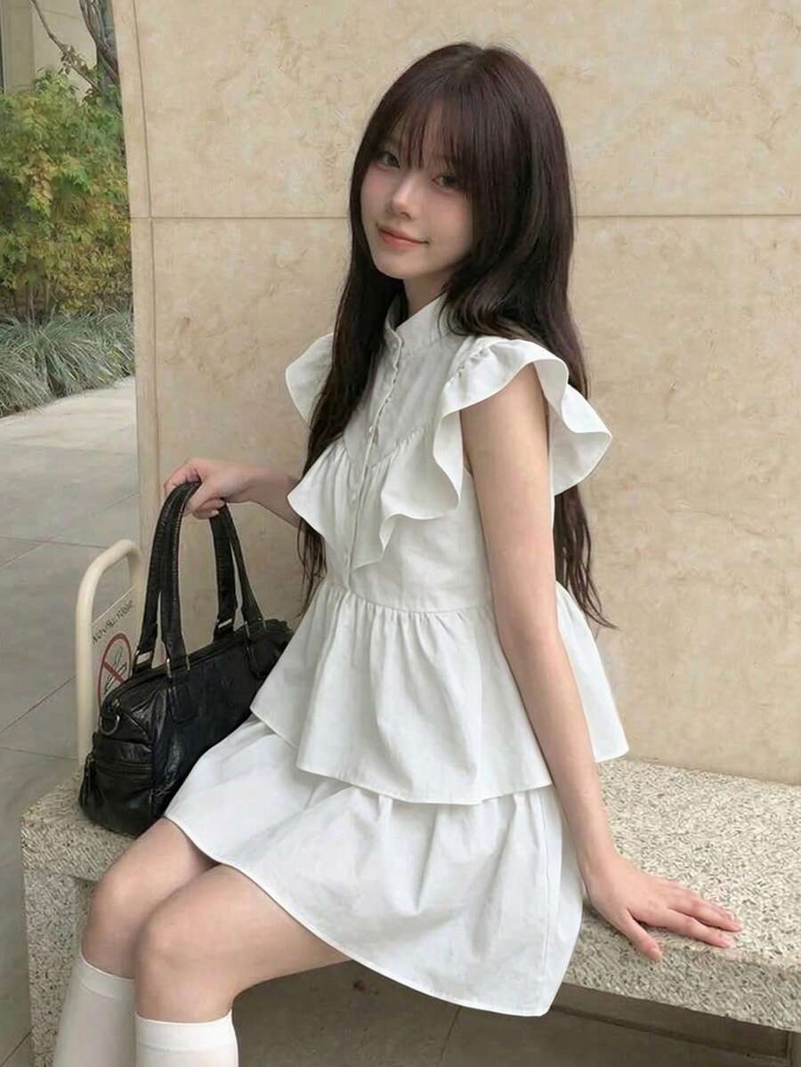 純色可愛休閒荷葉邊下擺鈕扣女款夏季無袖短洋裝，居家日常穿著，優雅白色 - 白色 - 查看 1