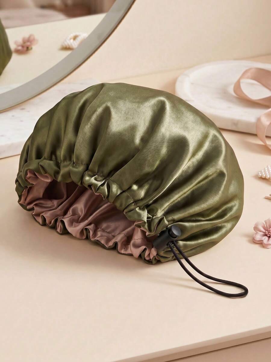 1件絲綢緞面睡眠帽,雙層睡眠帽減少頭髮斷裂,整夜保持髮型,適合女性 - 軍綠色 - 查看 1