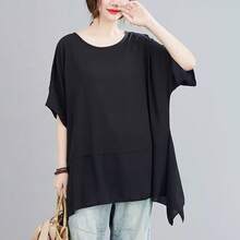 Ropa de verano para mujer de talla grande, holgada y adelgazante, con diseño elegante de bloques de color, camiseta de manga corta con dobladillo irregular y cintura ajustada. - Negro - Ver 1