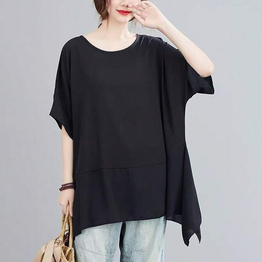 Ropa de verano para mujer de talla grande, holgada y adelgazante, con diseño elegante de bloques de color, camiseta de manga corta con dobladillo irregular y cintura ajustada. - Negro - Ver 1