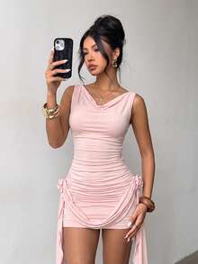 Vestido Mini Rosa Casual Chique com Franzidos e Detalhes de Flores 3D, Perfeito para Noites de Encontro, Férias de Verão, Saídas, Festival & Concerto Country - Rosa chiclete - Visão 7