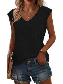 3pcs Solid Color Plus Size V-Neck T-Shirts, Casual Short Sleeve T-Shirts Spring/Summer, Women's Clothing - Light Brown + Dark Brown + Black - View 4