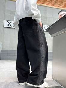Celana Jeans Denim Motif Logo R Keren untuk Remaja Laki-Laki - Hitam - View 3