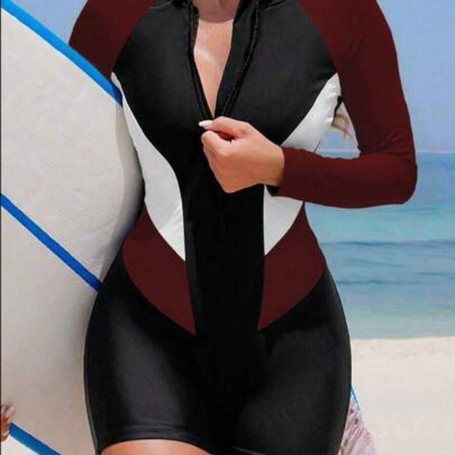 Nana's Women's Clothing Store Swim SPRTY 1 pieza Traje de baño de una sola pieza para mujer, estilo casual vacacional en la playa con bloqueo de color, manga larga y cremallera - Burdeos - Ver 1