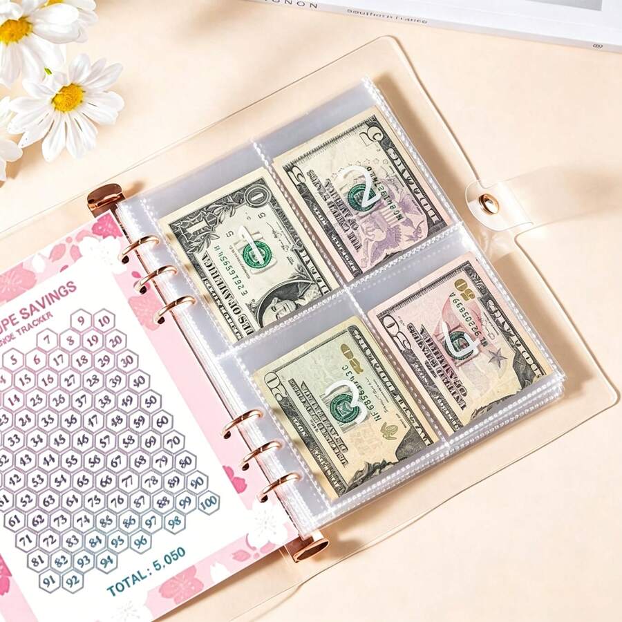 100pcs Envelope Challenge Binder, With 5050 USD Tracking Sheet And Pre-Numbered Pockets (Pink), Best Gift For Birthday, Graduation