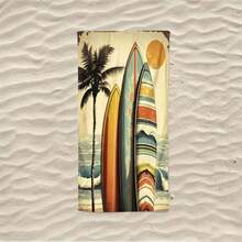 1 pieza Toalla de playa de microfibra suave y absorbente con estampado de tabla de surf retro de dibujos animados, impresa en fibra, con protección solar, para hombres y mujeres, uso al aire libre - Multicolor - Ver 4