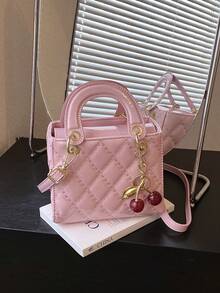Sweet And Delicate Quilted Design, Cherry Pendant Decoration, Mini Lady Bag, Fashionable, Versatile, Simple And Elegant Women's Handbag. - Pink - View 9