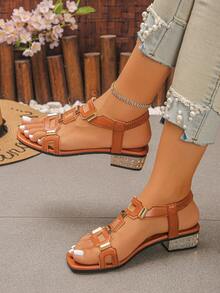 A Pair Of Orange Women's Metal Buckle Diamond High Heels Sandals, Suitable For Daily Commuting, Dating, Beach And Other Occasions - Orange - View 4