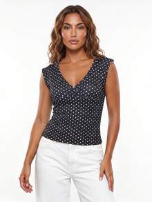 Women's Deep V Neck Tops Summer Short Cap Sleeve Dot Print Trendy Slim Fit T-shirt - Negro - Ver 5