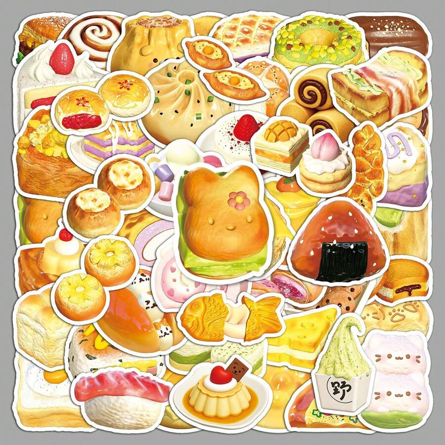 50張美味糕點、麵包、蛋糕、食物貼紙復古Ins 2D幻想Y2K市區美學貼紙禮物趣味貼紙80S 90s動漫貼紙適用於剪貼簿用品水瓶筆電手機行李箱筆記本，節日派對裝飾新年 - 50pcs - 查看 1