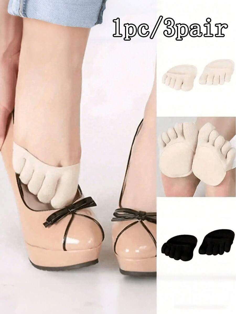 1pc/3pairs Women's Anti-Chafing Half-Foot Five-Toe Socks, Breathable Half-Size Pads For High Heels, Invisible Front-Foot Toe Separator Socks, Anti-Slip Sweat-Absorbing Breathable Ventilated, Includes Soft High Heel Pads, Ergonomic Design For Ultimate Comfort - Multicolor - View 1