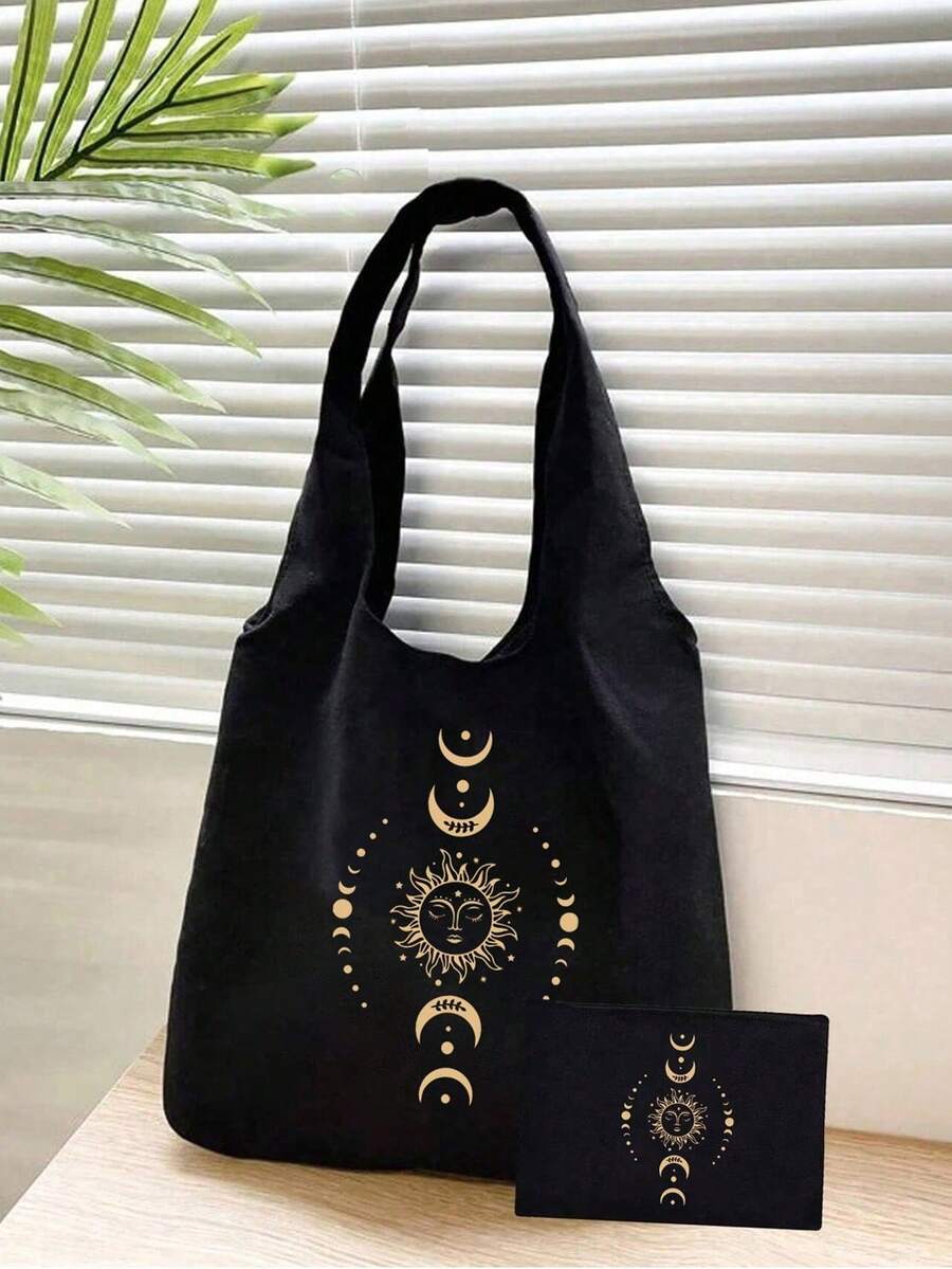 月亮星星印花帆布手提袋，黑色图案印花手提包，黑色小收纳袋，是情人节礼物、伴娘个性化婚礼回礼袋、化妆包、简约旅行收纳袋的理想之选。