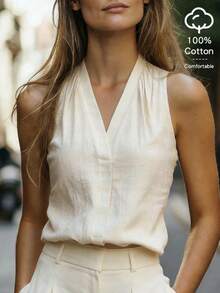 Camiseta de tirantes de algodón con cuello en V y pliegues para mujer, estilo versátil y estilizador para uso diario, vacaciones y uso casual en la playa - Albaricoque - Ver 1