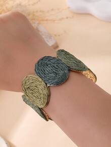 1pc Vintage Round Woven Bracelet, Bohemian Contrast Color Design, Versatile Bangle For Island Vacation, Pastoral Outings, Commuting, And Urban Daily Wear - Moss Green - View 8
