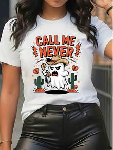 Damen Kurzarm T-Shirt aus reiner Baumwolle, lässig, Sommer, süß, lustig, Geist Cowboy Grafikdruck, entspannte Passform - Weiss - Übersicht 6