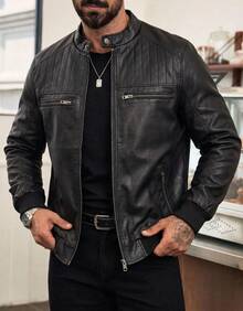 Jaqueta Masculina De Couro Masculino Resistente Com Ziper E Peluciada - Preto - Visão 10