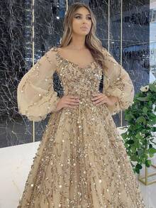 Champagne Beaded Evening Gown For Women V Neck Long Sleeve Tulle Prom Dress With Train Formal Party Ball Gown - 粉色 - 查看 4