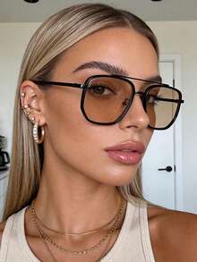 1 pieza Gafas de moda para mujer con montura de aviador de marco grande y doble puente, gafas de metal vintage de gran tamaño para mujer, gafas para conducir al aire libre y viajar, accesorio de playa para verano al aire libre - Marrón - Ver 3
