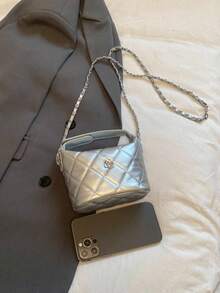 Fashion Quilted Solid Color Commuter Chain Shoulder Bag Handbag Crossbody Bag - Silver - View 8