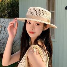 1pc French Style Flat Top Straw Hat Summer Outdoor Travel Face-Slimming Sun Hat Fashionable Sun Protection Hat - Multicolor - View 5
