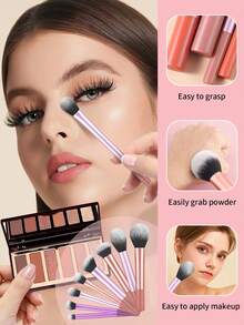ronshadow 8pcs Pink Purple Orange Multicolor Long Handle Makeup Brush Set Including Powder Brush, Blush Brush, Foundation Brush, Eyeshadow Brush, Detail Brush + Makeup Sponge, Complete Soft Bristle Makeup Tool Set For Beginners - Multicolor - View 8