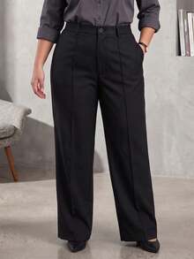Calça Reta com Bolso Inclinado de Cor Sólida Plus Size Feminina, Calça Versátil para Escritório, Fácil de Criar Look Casual para o Dia a Dia Preto - Preto - Visão 4
