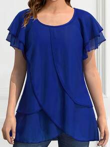 New 2026 Model:Blusa de Talla Grande para Mujer con Mangas Volantes y Bajo Asimétrico en Color Sólido - Negro - Ver 6