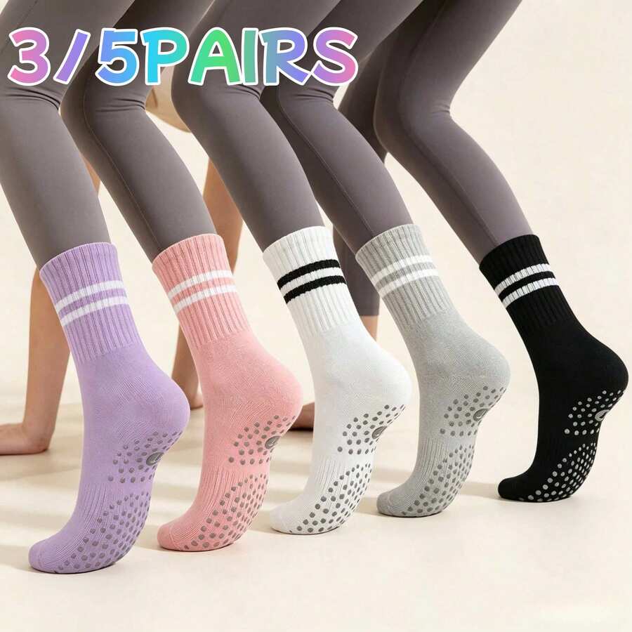 3/5 Pairs Women's Pilates Mid-Calf Socks, Non-Slip Grip, Yoga Socks With Traction, Suitable For Barre, Hospital, Ballet, Dance, Barefoot Exercise - Multicolor - View 1