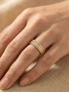 1pc Elegant Cubic Zirconia Gold Rope Textured Ring, High-Quality Jewelry, Fade-Resistant, Hypoallergenic, Suitable For Women's Party, Daily Wear And Holiday Gift - Gold - View 2