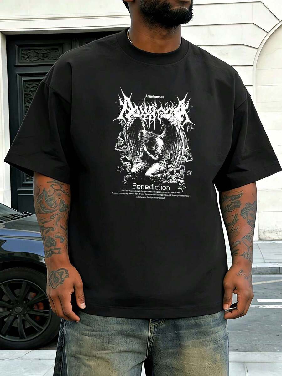 Men's T-Shirt With Angel Motif, High-Quality Fabric, Crew Neck, Comfortable Fit, Eye-Catching Print - Black - View 1