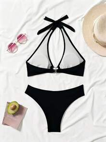 New 2026 Model: Women's Heart-Shaped Neck Tie Bikini Set - Black - View 3